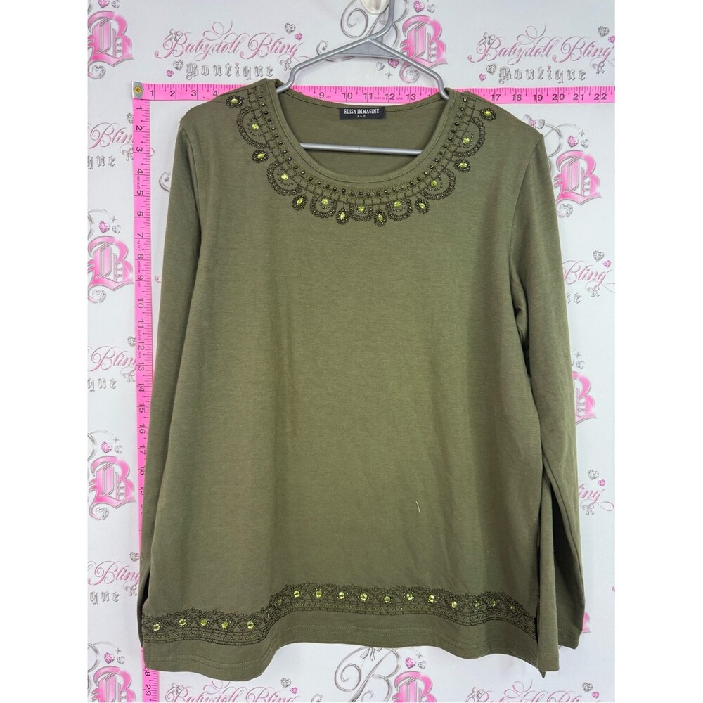 Elisa immagine top long sleeve beaded Embellished Olive Long Sleeve Tee by